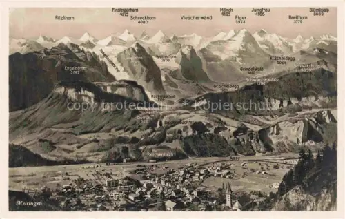 AK / Ansichtskarte Meiringen Oberhasli BE Jungfrau Eiger Moench Finsteraarhorn Schreckhorn Reichenbachfaelle Aare Ortschaft Bergpanorama