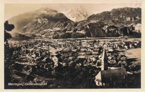 AK / Ansichtskarte Meiringen Oberhasli BE Kirche Ortschaft Berge Tal Aare Haeuser Kirchturm Gletscher