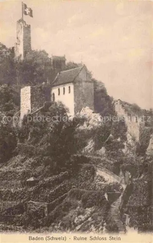 AK / Ansichtskarte BADEN  AG (Schweiz) Schloss-Stein Ruine Burgturm Schweizer-Fahne Felsen Treppe Weinberg