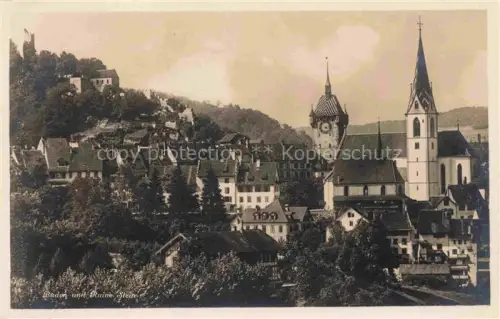 AK / Ansichtskarte BADEN  AG (Schweiz) Stadtturm Stadtkirche Ruine-Stein Stadtansicht Daecher Baeume
