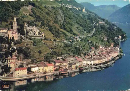 AK / Ansichtskarte Morcote Lago di Lugano TI Lago-di-Lugano Veduta-aerea Kirche Weinberge Dorf Uferpromenade Bergkulisse