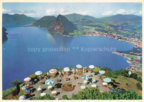 AK / Ansichtskarte Monte-Bre Lugano TI Kulmterrasse Berghotel Luganer-See Monte-San-Salvatore Sonnenschirme Terrasse Panorama Stadt