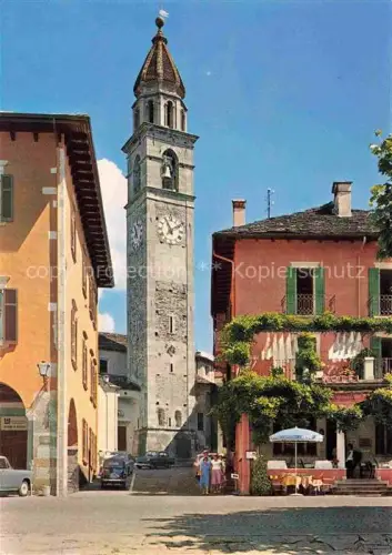 AK / Ansichtskarte Ascona Lago Maggiore TI Kirchturm Glockenturm Piazza Strassenszene Cafe Lago-Maggiore