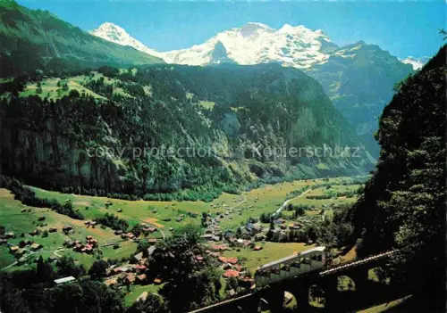 AK / Ansichtskarte Lauterbrunnen Interlaken BE Lauterbrunnen-Tal Muerren-Bahn Moench Jungfrau Steilwand Viadukt Wasserfall Bergdorf Alpenwiesen