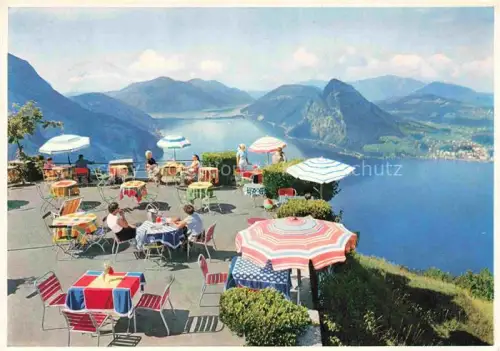 AK / Ansichtskarte Monte-Bre Lugano TI Monte-Bre-Hotel Kulmterrasse Luganer-See Berge Terrasse Gaeste Sonnenschirme