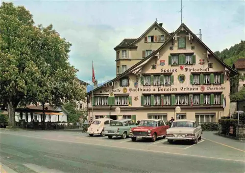 AK / Ansichtskarte Brunnen  SZ Gasthaus-Ochsen Hauptplatz Vierwaldstaettersee Pension Bierhalle Autos Baum