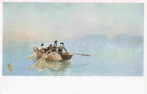 AK / Ansichtskarte RoeTHLISBERGER William Kuenstlerkarte Thielle Fische mit Zugnetz Pecheurs au grand filet Boot