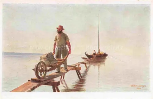 AK / Ansichtskarte RoeTHLISBERGER William Kuenstlerkarte Thielle Bootsleute beim Steineausladen 