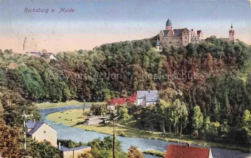 AK / Ansichtskarte Rochsburg Mulde Lunzenau Sachsen Schloss-Rochsburg Mulde Fluss Wald Burgberg Panorama Tal Handkoloriert