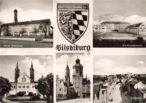 AK / Ansichtskarte Vilsbiburg Schulhaus Krankenhaus Wallfahrt-Maria-Hilf Stadttor Stadtplatz Wappen