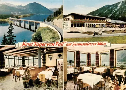 AK / Ansichtskarte Fall  Sylvensteinsee Lenggries Bad Toelz Bayern Sylvensteinsee Hotel-Jaeger-von-Fall Jaegerklause Restaurant Bruecke Berge Stausee Speisesaal