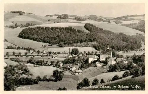 AK / Ansichtskarte Schoenau im Gebirge Niederoesterreich AT Thermalbad Sommerfrische Kirche Huegel Felder Wald