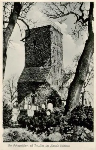 AK / Ansichtskarte Imsum Langen Cuxhaven Ochsenturm Kirchturm Friedhof Grabsteine Baeume Feldsteinmauer