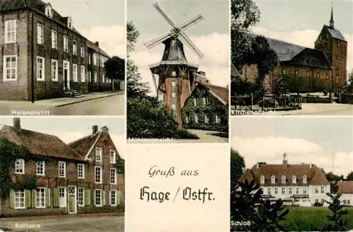 AK / Ansichtskarte Hage Ostfriesland Helenenstift Windmuehle Kirchenansicht Rathaus Schloss Mehrbildkarte