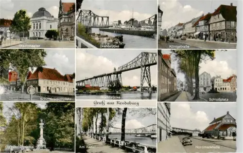 AK / Ansichtskarte Rendsburg Schleswig-Holstein Stadttheater Drehbruecke Koenigsstrasse Hochbruecke Schiffbrueckenplatz Schlossplatz Lornsen-Denkmal Nordmarkhalle Kanal Mehrbildkarte