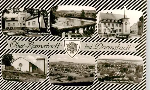 AK / Ansichtskarte Ober-Ramstadt Oberramstadt Muehltal DARMSTADT Hessen Naturfreundehaus Schwimmbad Rathaus Kath-Kirche Ev-Kirche Gesamtansicht Mehrbildkarte