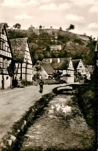AK / Ansichtskarte Zell Bensheim Bergstrasse Hessen Vetter s-Muehle Fachwerkhaus Bach Gaense Dorfstrasse Bruecke Weinberg Mann