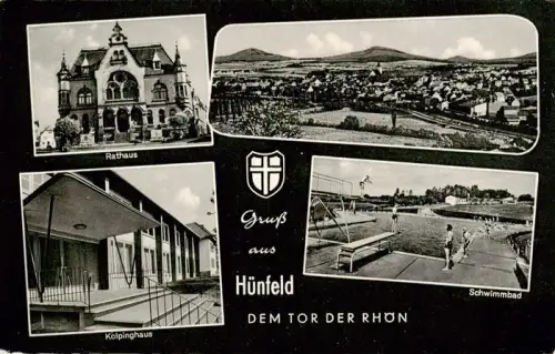 AK / Ansichtskarte Huenfeld Fulda Hessen Rathaus Kolpinghaus Schwimmbad Panorama Rhoen Stadtansicht