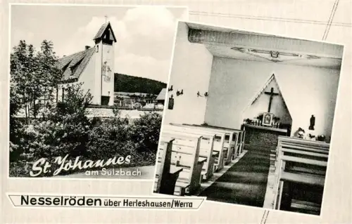 AK / Ansichtskarte Nesselroeden Eschwege Werra Hessen St-Johannes-Kirche Kircheninneres Kirchenbaenke Kreuz Werra Herleshausen Mehrbildkarte