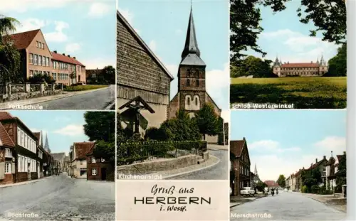 AK / Ansichtskarte Herbern Ascheberg Westfalen Coesfeld NRW Volksschule Suedstrasse Kirchenansicht Schloss-Westerwinkel Merschstrasse Kirche Schloss Mehrbildkarte