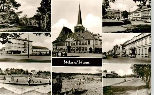 AK / Ansichtskarte Borne Uelzen Rathaus Kirche Marktplatz Strassenszene Schwimmbad Park Buerogebaeude Mehrbildkarte