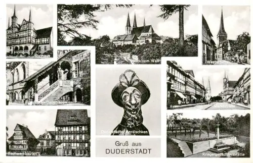 AK / Ansichtskarte Duderstadt Niedersachsen Rathaus Rathaustreppe Westerturm Marktstrasse Fachwerkbauten Kriegergedaechtnisstaette Blick-vom-Wall Anroelschken Mehrbildkarte