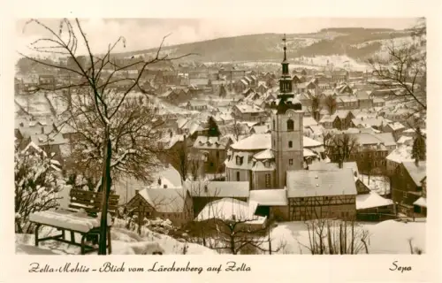 AK / Ansichtskarte Zella-Mehlis Thueringen Laerchenberg Kirche Stadtpanorama Winter Schnee Haeuser Altstadt