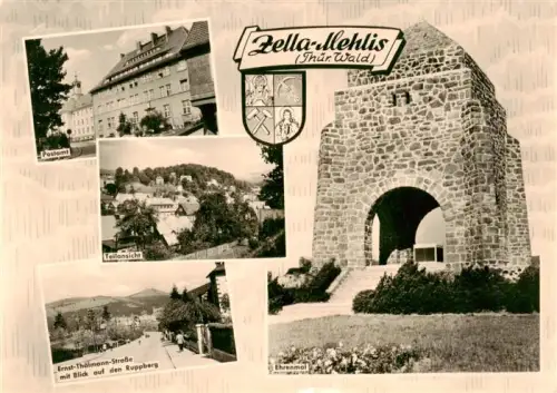 AK / Ansichtskarte Zella-Mehlis Thueringen Postamt Ernst-Thaelmann-Strasse Ruppberg Ehrenmal Wappen Teilansicht Thueringer-Wald