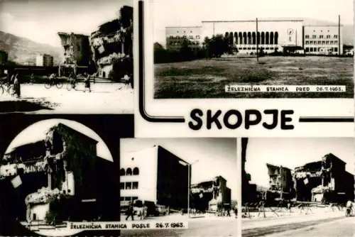 AK / Ansichtskarte SKOPJE Skoplje ueskueb Uskub North Macedonia elezni?ka-stanica Erdbeben Ruinen Bahnhof Zerstoerung Wiederaufbau