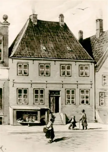 AK / Ansichtskarte HUSUM  Nordfriesland Norsee Schleswig-Holstein Theodor-Storm-Geburtshaus Markt-9 Alte-Zeichnung Buergerhaus Passanten