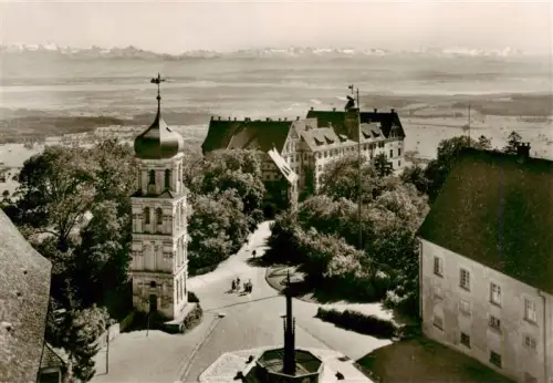 AK / Ansichtskarte Kirnbach Heiligenberg Bodenseekreis BW Schloss Kirchturm Zwiebelturm Alpen Panorama Bodensee Park Baeume