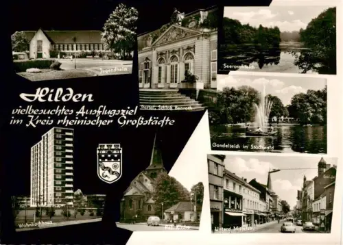 AK / Ansichtskarte Hilden  Mettmann NRW Jugendheim Schloss-Benrath Seerosenpteich Gondelteich Stadtwald Wohnhochhaus Kath-Kirche Untere-Mittelstrasse Mehrbildkarte