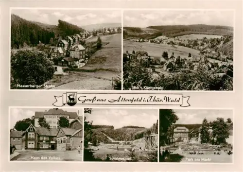 AK / Ansichtskarte Altenfeld Thueringen Masserberger-Strasse Koenigswald Haus-des-Volkes Schwimmbad Park-am-Markt Mehrbildkarte Wappen Hirsch
