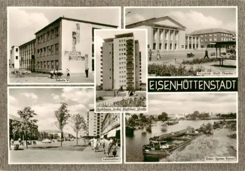 AK / Ansichtskarte Eisenhuettenstadt Friedrich-Wolf-Theater Schule-V Hochhaus Diehloer-Strasse Leninallee Oder-Spree-Kanal Binnenschiff DDR-Architektur
