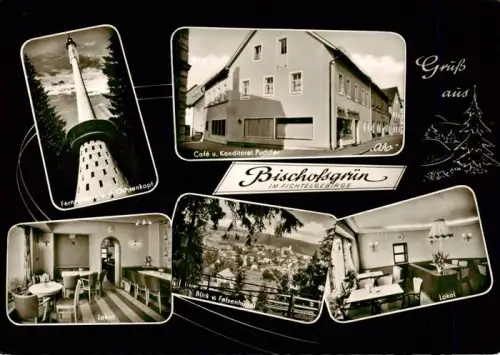 AK / Ansichtskarte Bischofsgruen Bayreuth Bayern Fernmeldeturm Ochsenkopf Café-Konditorei-Puchtler Lokal-Innenraum Ortsansicht Fichtelgebirge Marktplatz