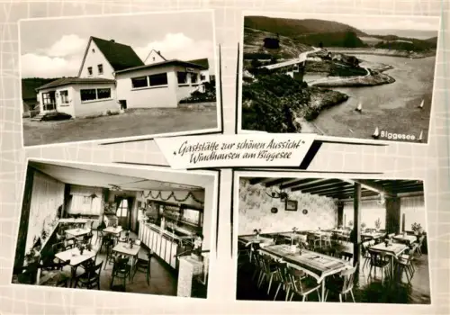 AK / Ansichtskarte Windhausen Attendorn Gaststaette-zur-schoenen-Aussicht Biggesee Gastraum Gaststube Talsperre Segelboot Sauerland