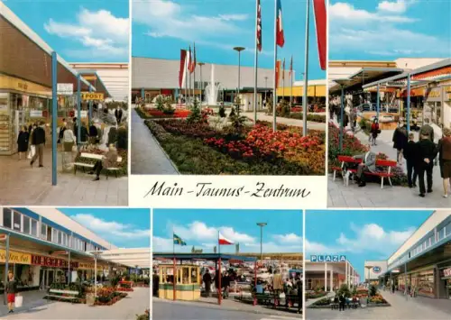 AK / Ansichtskarte BAD SCHWALBACH Hessen Einkaufszentrum Main-Taunus-Zentrum Post Brunnen Blumenbeete Flaggen Plaza Passanten Geschaefte