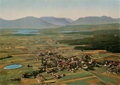 AK / Ansichtskarte Eggstaett Oberbayern Chiemgau Kampenwand Badesee Luftbild Kirche Felder Seen Berge Dorf