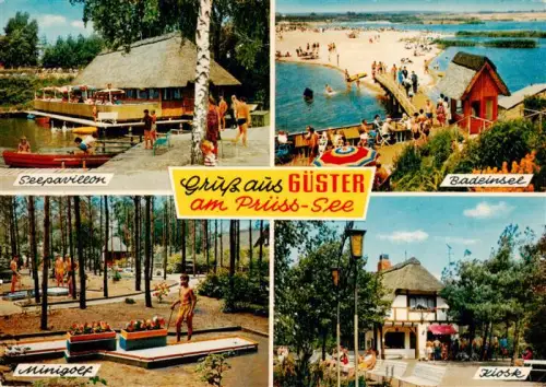 AK / Ansichtskarte Guester Pruess-See Seepavillon Badeinsel Minigolf Kiosk Strand Badestelle