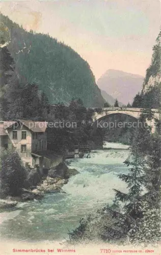 AK / Ansichtskarte Wimmis Niedersimmental Spiez BE Simmenbruecke Simme Steinbruecke Fluss Schlucht Muehle Berge