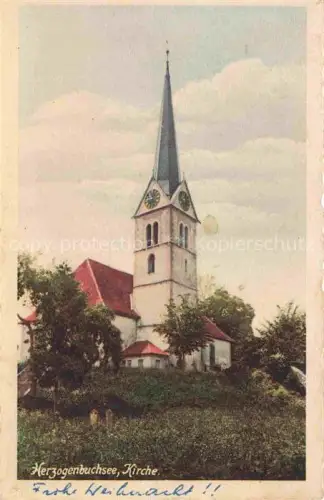 AK / Ansichtskarte Herzogenbuchsee Wangen BE Herzogenbuchsee Kirche Kirchturm Kirchenuhr Baeume Friedhof Weihnachtsgruss