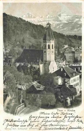 AK / Ansichtskarte THUN Thoune BE Stadtkirche Kirche Kirchturm Alpen Stadtansicht Baeume Neujahrsgruss