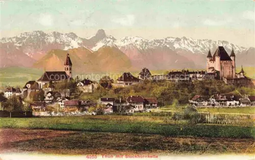 AK / Ansichtskarte THUN Thoune BE Stockhornkette Alpen Schloss Kirche Stadtansicht Felder Wiesen