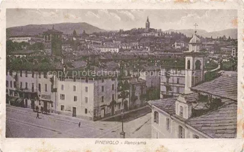 AK / Ansichtskarte Pinerolo Piemonte IT Panorama Stadtansicht Kirche Glockenturm Daecher Berge Kreuz