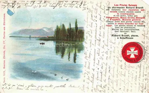 AK / Ansichtskarte ZueRICH  ZH Zuerichsee See Baeume Boot Berge Ufer Pilules-Suisses Richard-Brandt Werbung