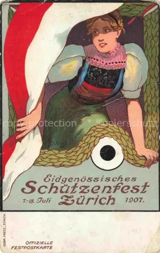 AK / Ansichtskarte ZueRICH  ZH Eidgenoessisches-Schuetzenfest Festpostkarte Tracht Frau Zielscheibe Lorbeerkranz Fahne