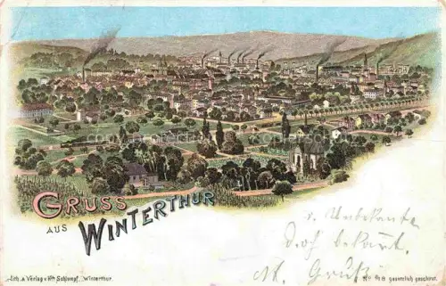 AK / Ansichtskarte WINTERTHUR  ZH Stadtpanorama Fabrikschornsteine Industriestadt Lithographie Kirche Baeume