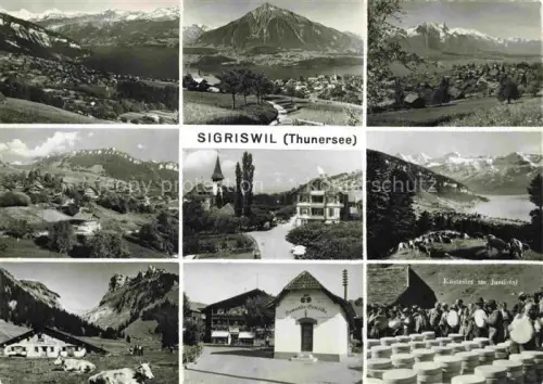 AK / Ansichtskarte Sigriswil Thunersee BE Thunersee Justistal Kaeserei Kaeserlet Gemeinde-Gebaeude Kirche Panorama Berge Kuehe