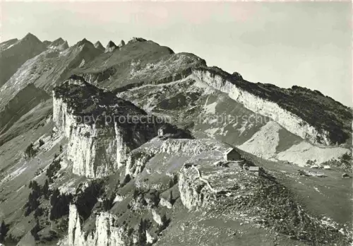 AK / Ansichtskarte Ebenalp 1641m Saentis Appenzell AI Ebenalp Schaefler Saentis Felsen Berggipfel Alpwiese Huette Fliegeraufnahme