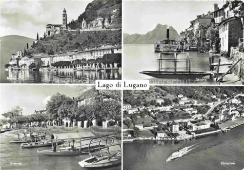 AK / Ansichtskarte LUGANO Lago di Lugano TI Lago-di-Lugano Morcote Gandria Bissone Campione See Dampfer Kirche Pedalboote Fliegeraufnahme
